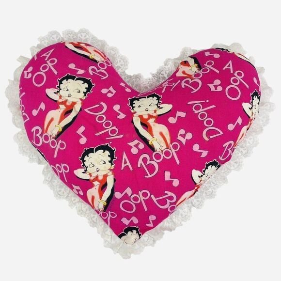 Vintage 1980s Betty Boop 15" Heart Pillow Pink Lace Handmade Doop Music Notes - Picture 2 of 14